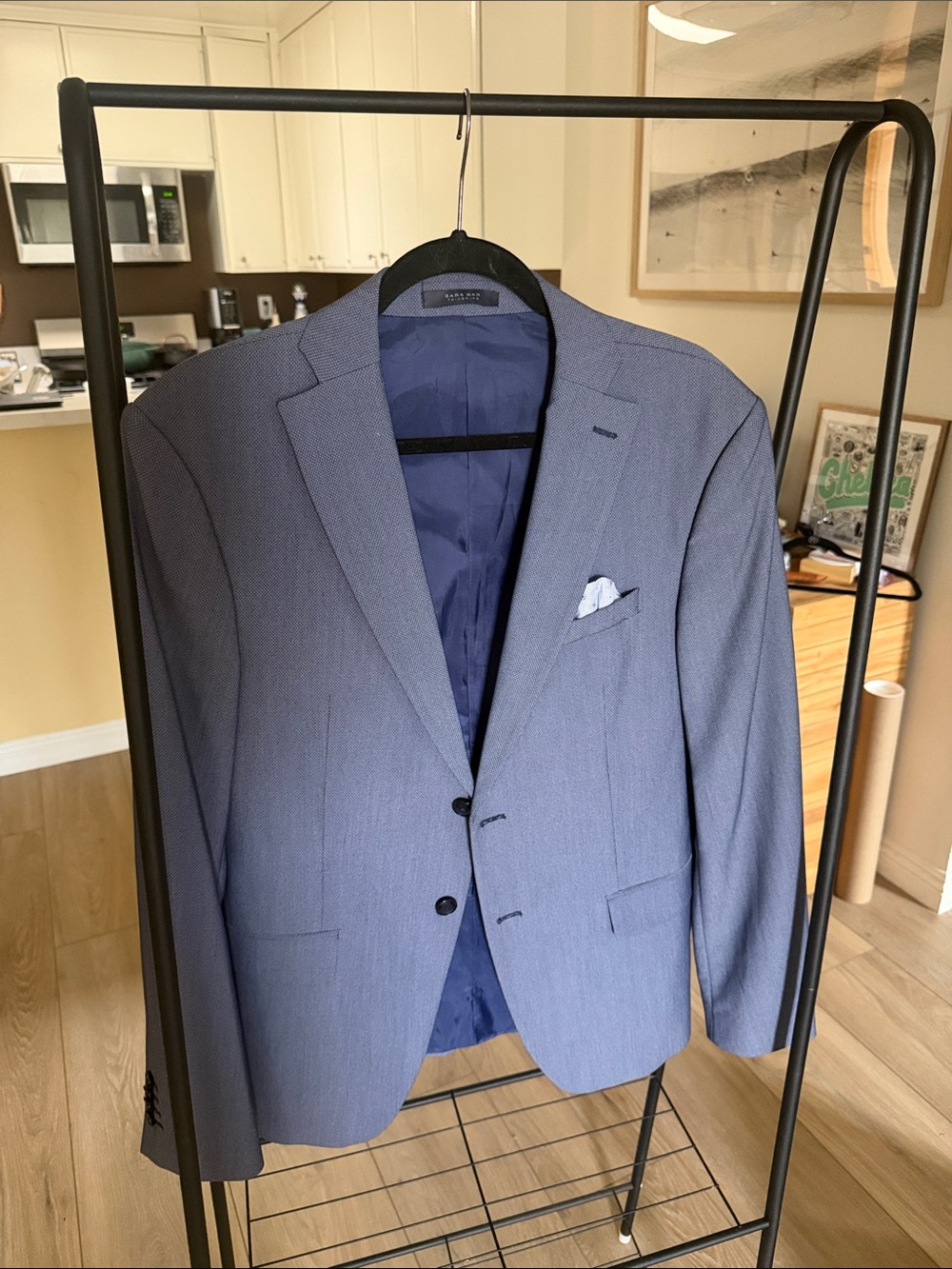 Zara Man Slate Blue Textured Two-Button Suit Jacket Blazer 42